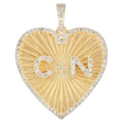 14K Gold 0.52 Ct Diamond Double Initial Heart Pendant C+N Sunburst Medallion