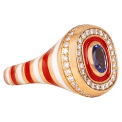 14K Gold 0.54 Ct Tanzanite & Diamond Enameled Cocktail Ring, Chevalier Ring