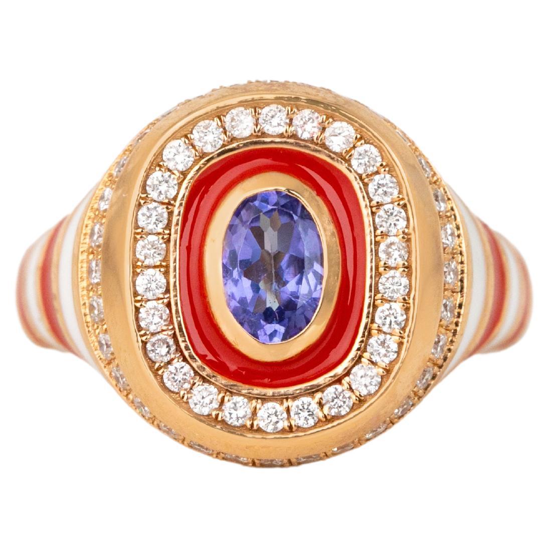 For Sale:  14K Gold 0.54 Ct Tanzanite & Diamond Enameled Cocktail Ring, Chevalier Ring