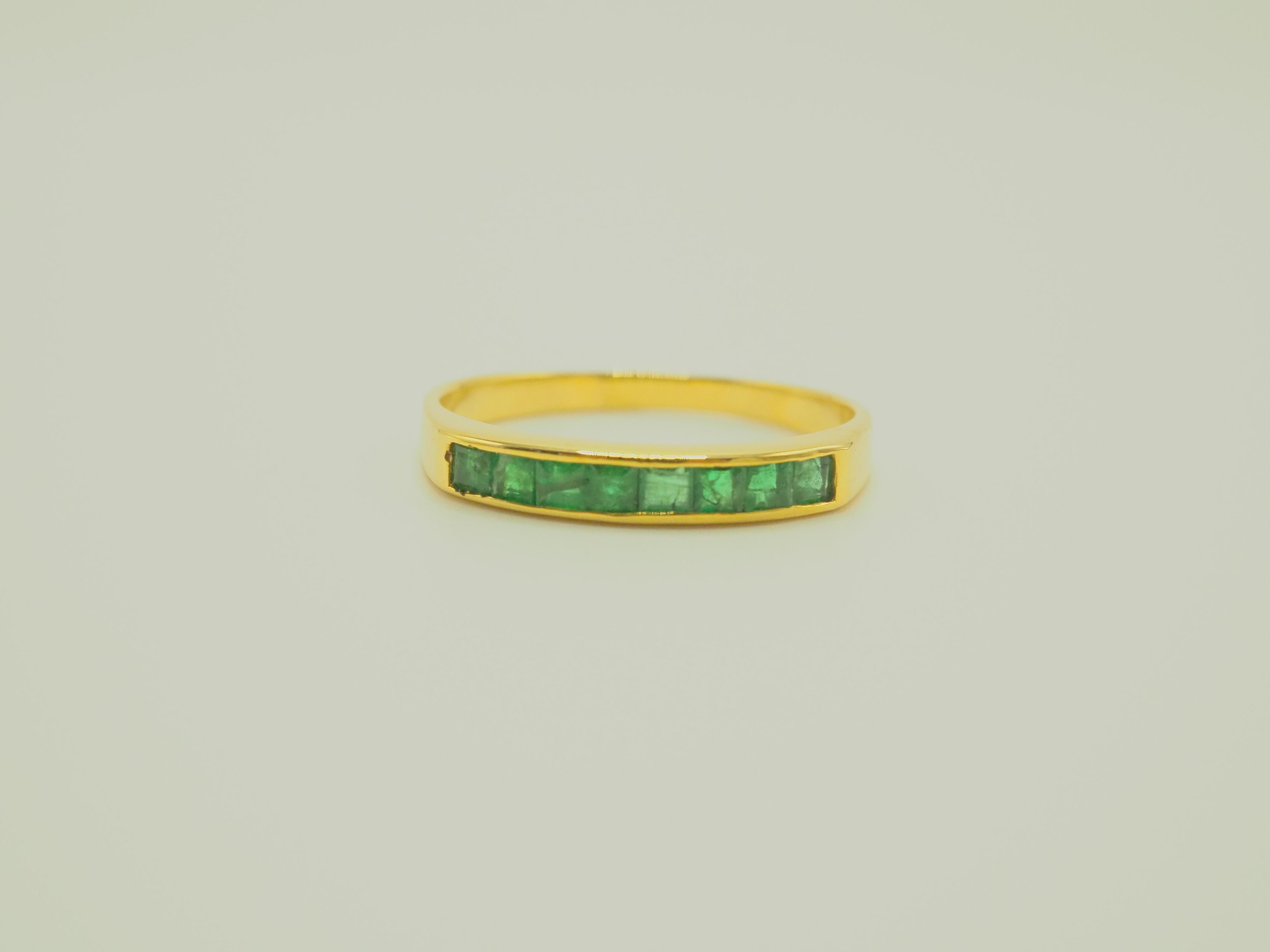 A gorgeous luxury Neo-vintage band ring that is both suitable for all sexes. This ring has 8 beautiful highly saturated green color emeralds and are channeled nicely into the band. The ring is made using 14k solid yellow gold. This ring is perfect