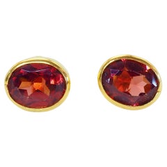 14K Gold 0.80ct Oval Spessartine Garnet Fine Bezel Stud Earring