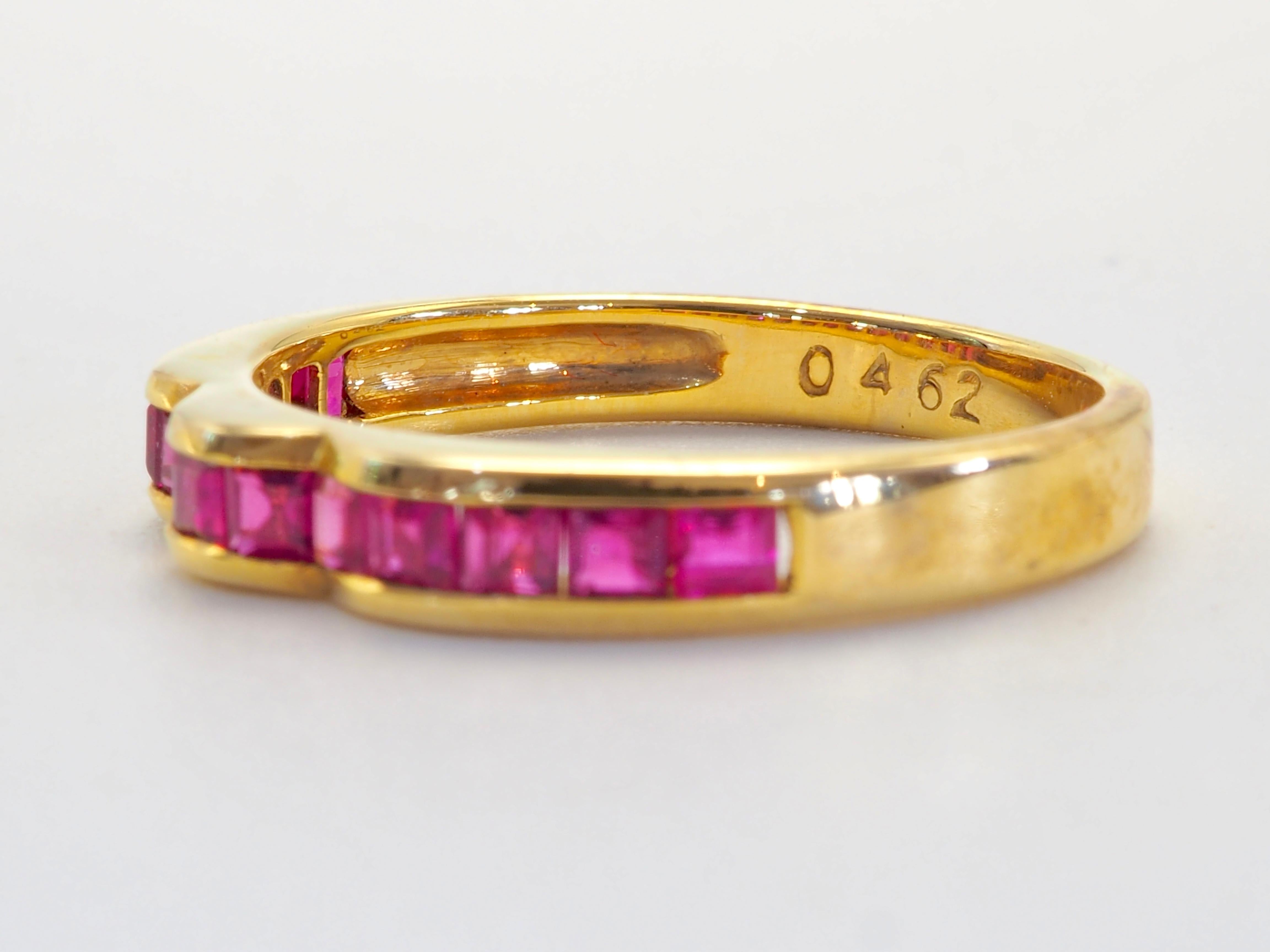Dainty and easy to wear with other rings- decorated with precious rubies from Myanmar of pinkish red color. Vintage and unworn.

Product Details:

Metal: 14k Solid Gold
Metal Color: Yellow Gold
Ruby: Natural, squared cut, red, heat-treated, 0.89