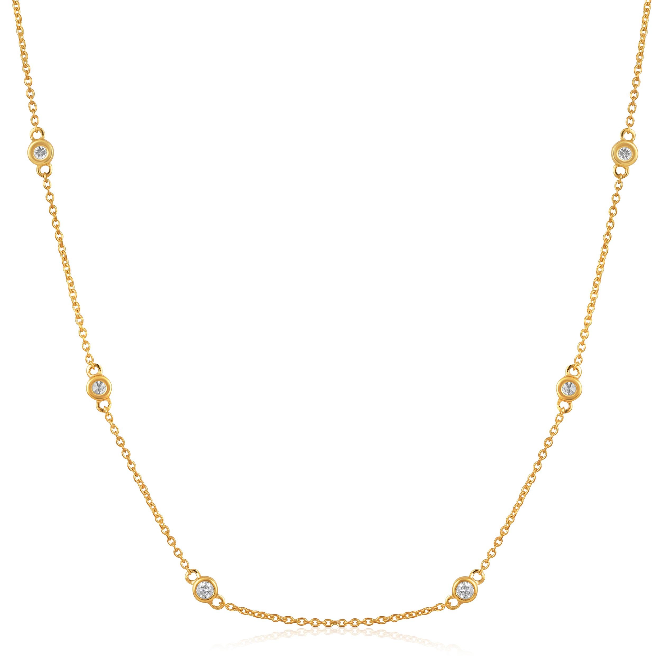 Crafted in 2.67 grams of 14K Yellow Gold, the necklace contains 14 stones of Round Natural Diamonds with a total of 0.79 carat in F-G color and SI clarity. The necklace length is 18 inches.

CONTEMPORARY AND TIMELESS ESSENCE: Crafted in