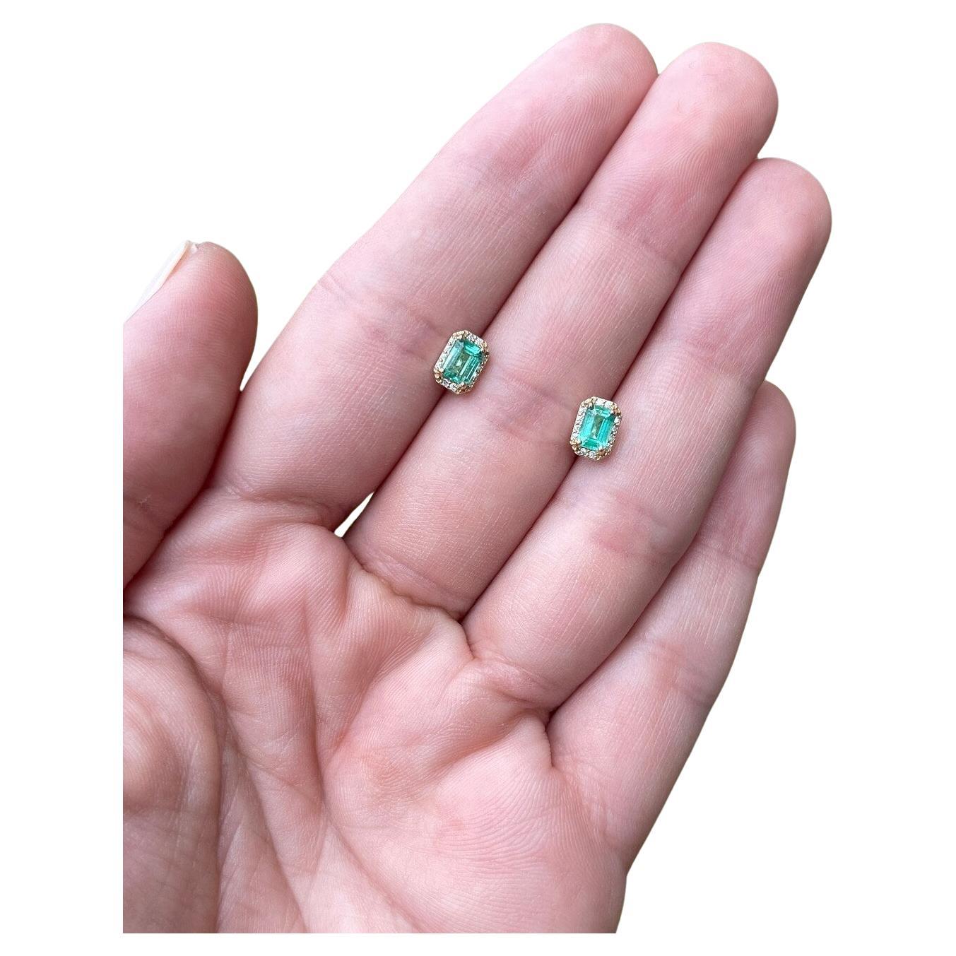 14K Gold 0.92tcw Emerald Cut Emerald & Diamond Halo Stud Earrings