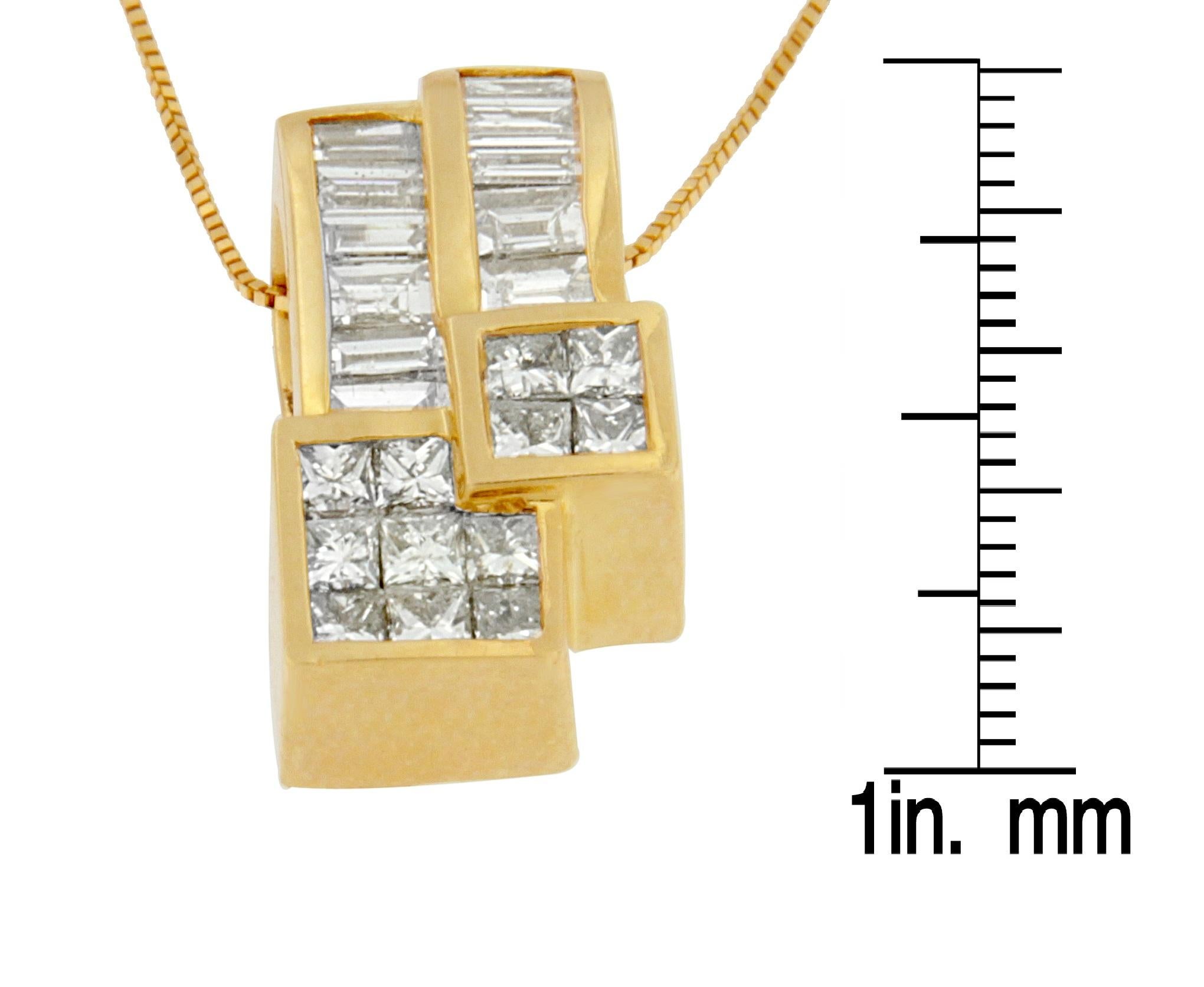 Baguette Cut 14k Gold 1 1/2 Cttw Princess and Baguette-Cut Diamond Geometric Pendant Necklace For Sale