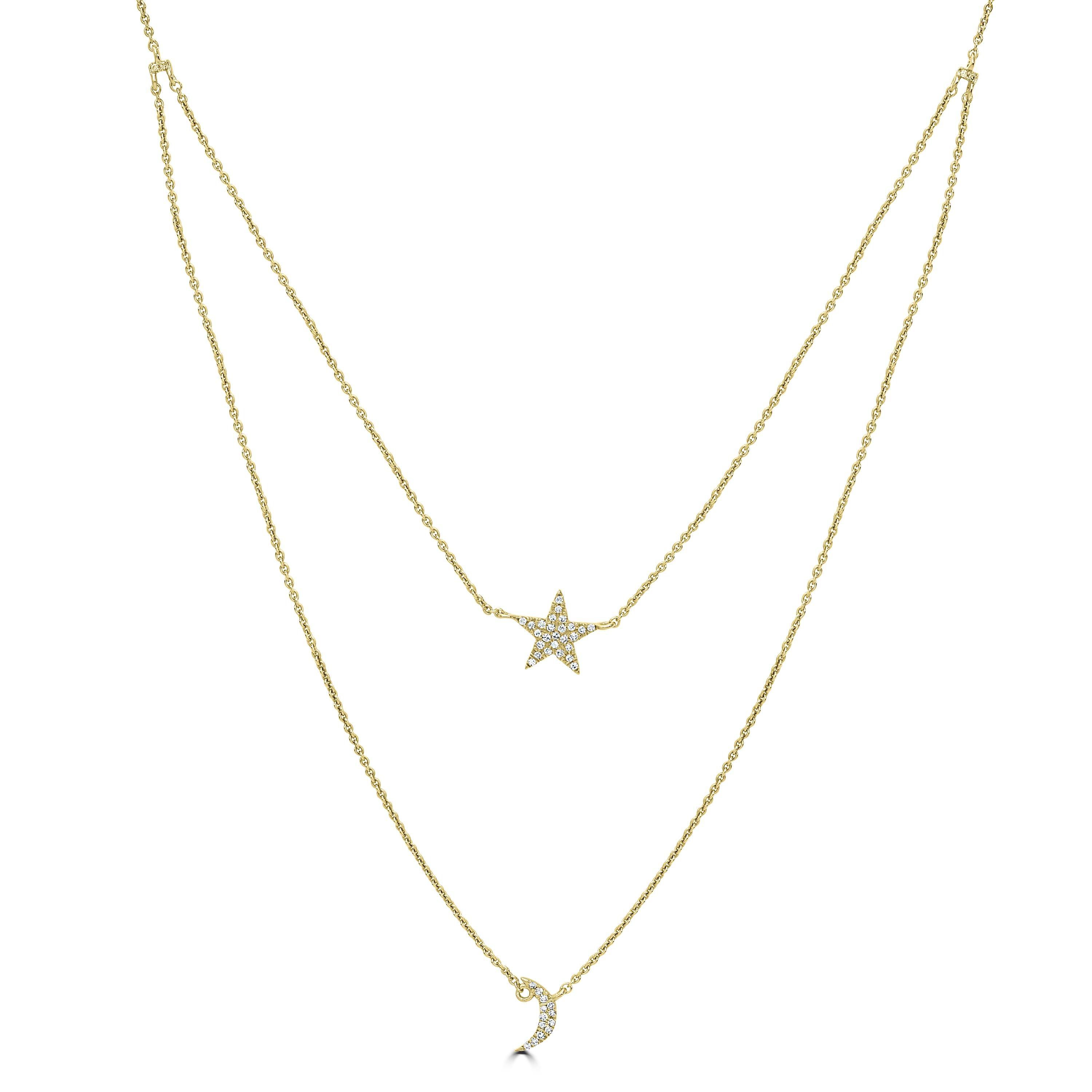 This Luxle double-strand necklace will melt your heart with its ideal blend of richness and inventiveness. This double-strand necklace features star and moon-shaped motifs hung from a gold chain. The motifs are made of 14K yellow gold and are set