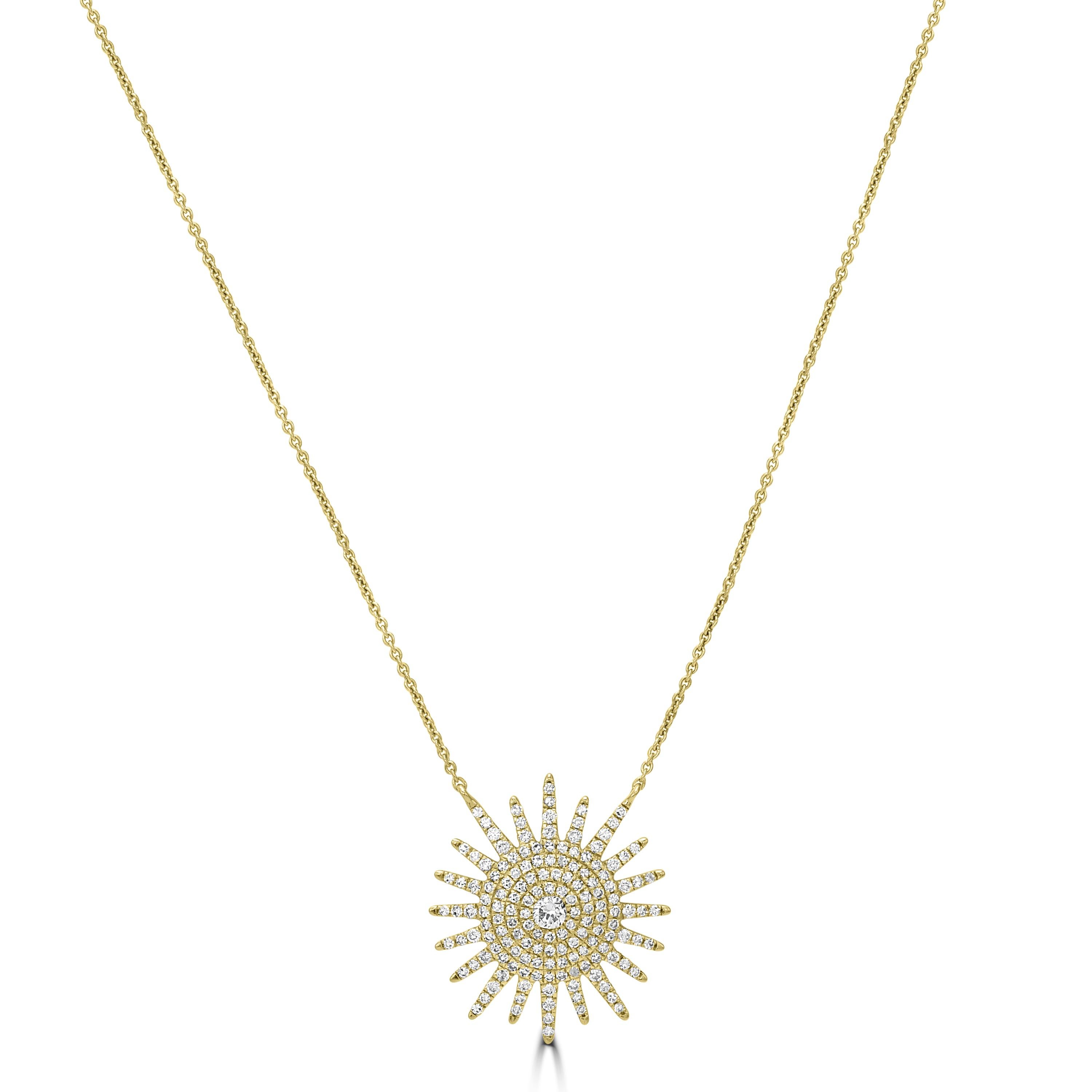 You're sure to shine whenever you wear this Luxle 14k gold diamond starburst pendant. Featuring 0.55 carats of round full-cut diamonds in starburst pendant set in 14K yellow gold . This pendant necklace, which hangs from a gold rolo chain, is