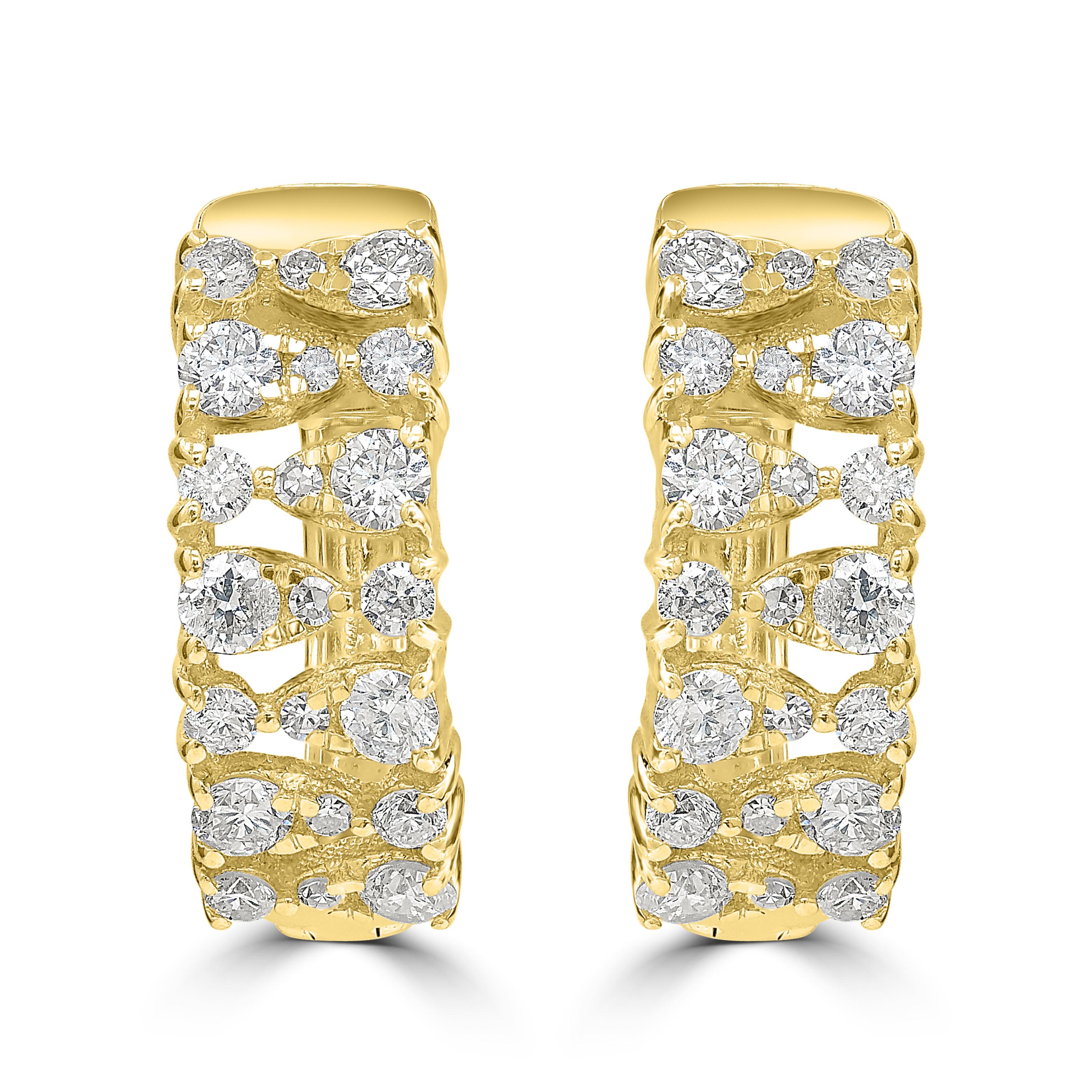 A timeless design in 14K Yellow Gold with a flowing stream of brilliance. These lobe-hugging hoop earrings include 0.52 carat round diamonds set in a dispersed design. These click it earrings are both comfortable and elegant.
Please follow the