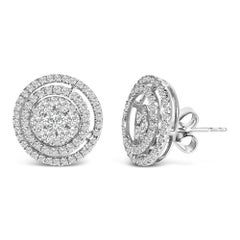 14K Gold 1 3/8 Cttw Diamond Cluster and Double Halo Stud Earring