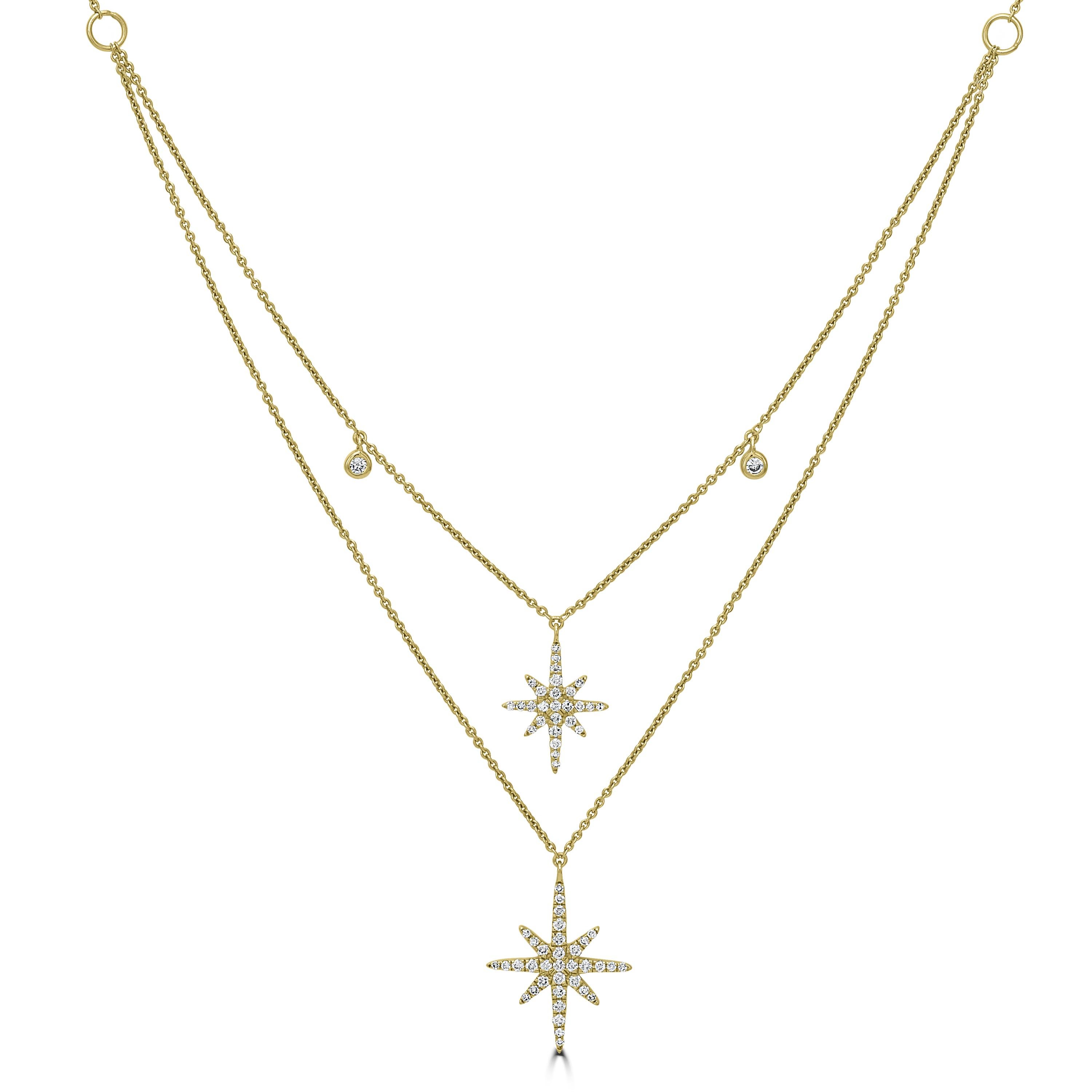 Take your wardrobe to new heights with this Luxle dazzling diamond double strand starburst necklace. This necklace contains starburst motifs set with 0.34 Ct round full-cut diamonds and gracefully falls down your throat. This double strand necklace