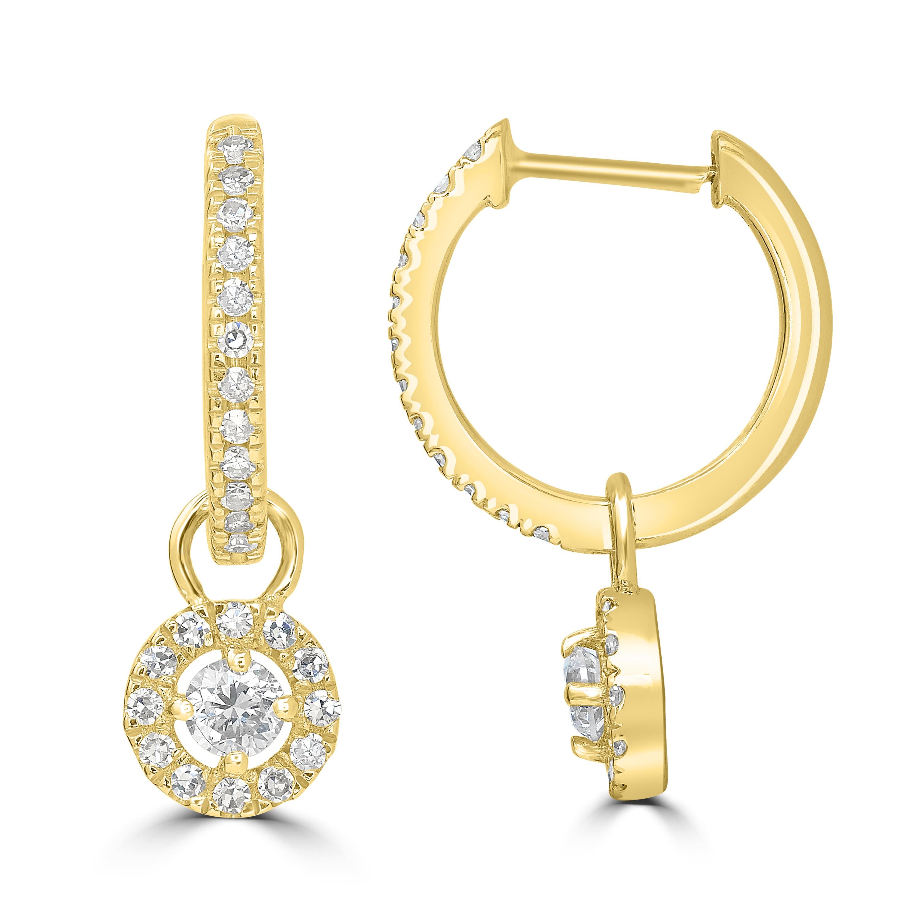 Make a stunning impression with these Luxle drop hoop earrings made with 14k yellow gold and genuine diamonds. These lobe-hugging earrings have a lovely circular pattern that descends down and moves with the wearer. These snap-post earrings are