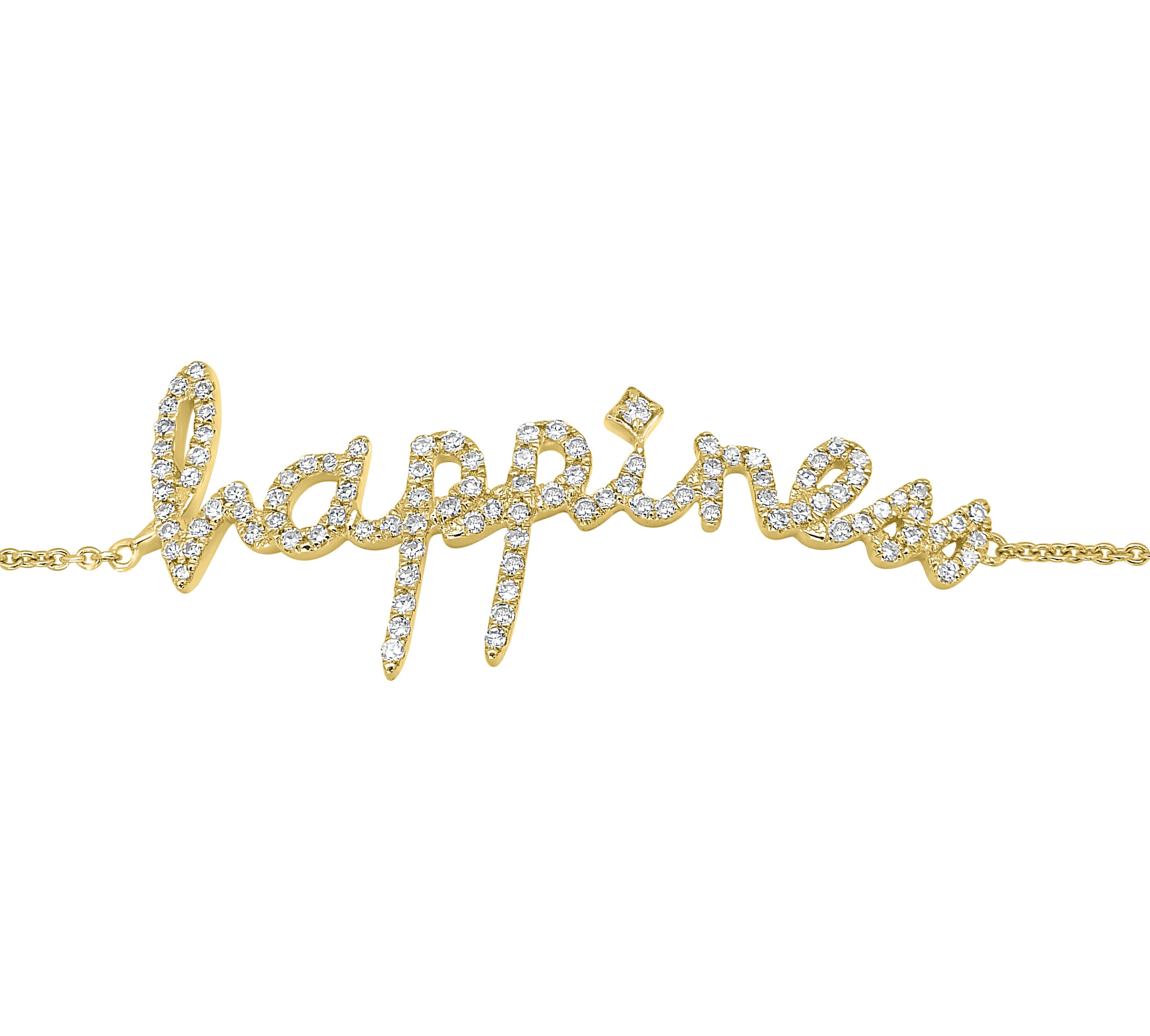Feel the happiness flow through you whenever you look at this beautiful 14k gold bracelet adorned with stunning diamonds by Luxle. This happiness inscribed motif is encrusted with 0.30 carats of round full-cut and single-cut diamonds and comes with