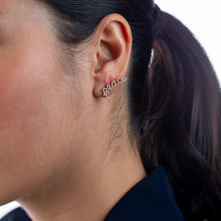 Luxle 14k Gold 1/5 Carat T.W. Diamond Heart and "Peace" Mismatch Stud