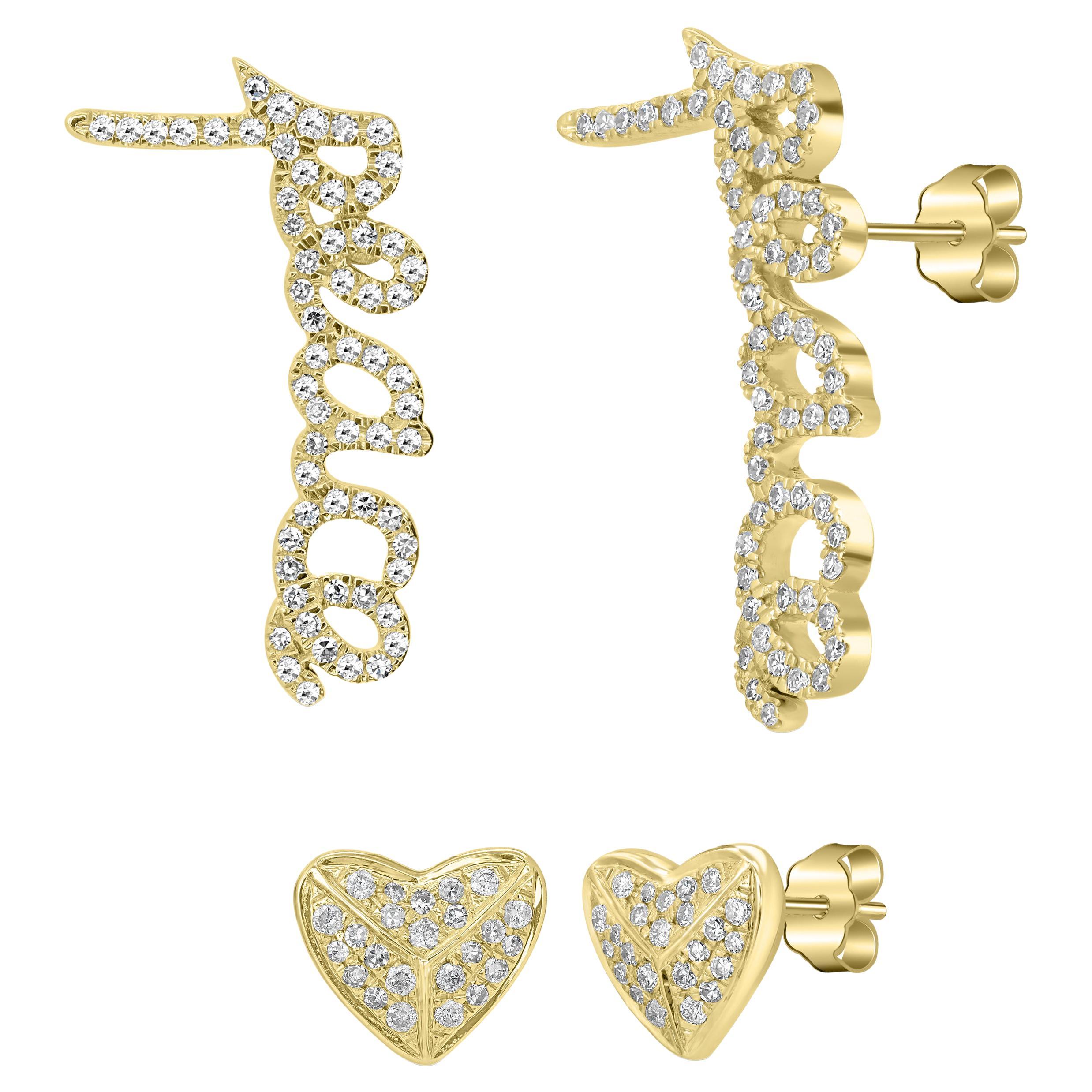 Luxle 14k Gold 1/5 Carat T.W. Diamond Heart & "Peace" Mismatch Stud Earrings