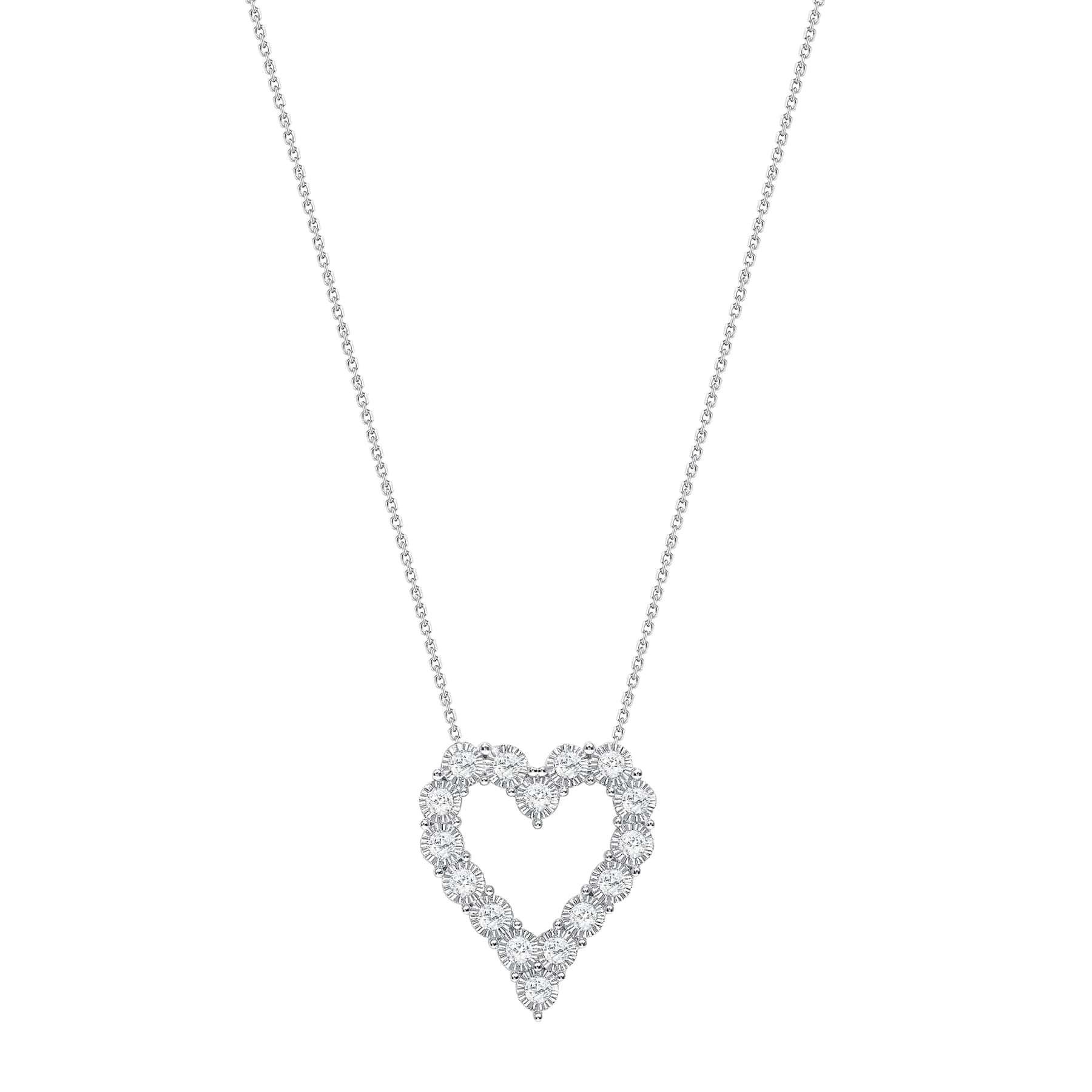 This Heart diamond necklace provides a cute and fashionable on trend look. 

Necklace Information 
Metal : 14k Gold
Diamond Cut : Round
Total Diamond Carats : 1ct
Diamond Clarity : VS -SI
Diamond Color : F
Necklace Length : 16 Inches
Color : White