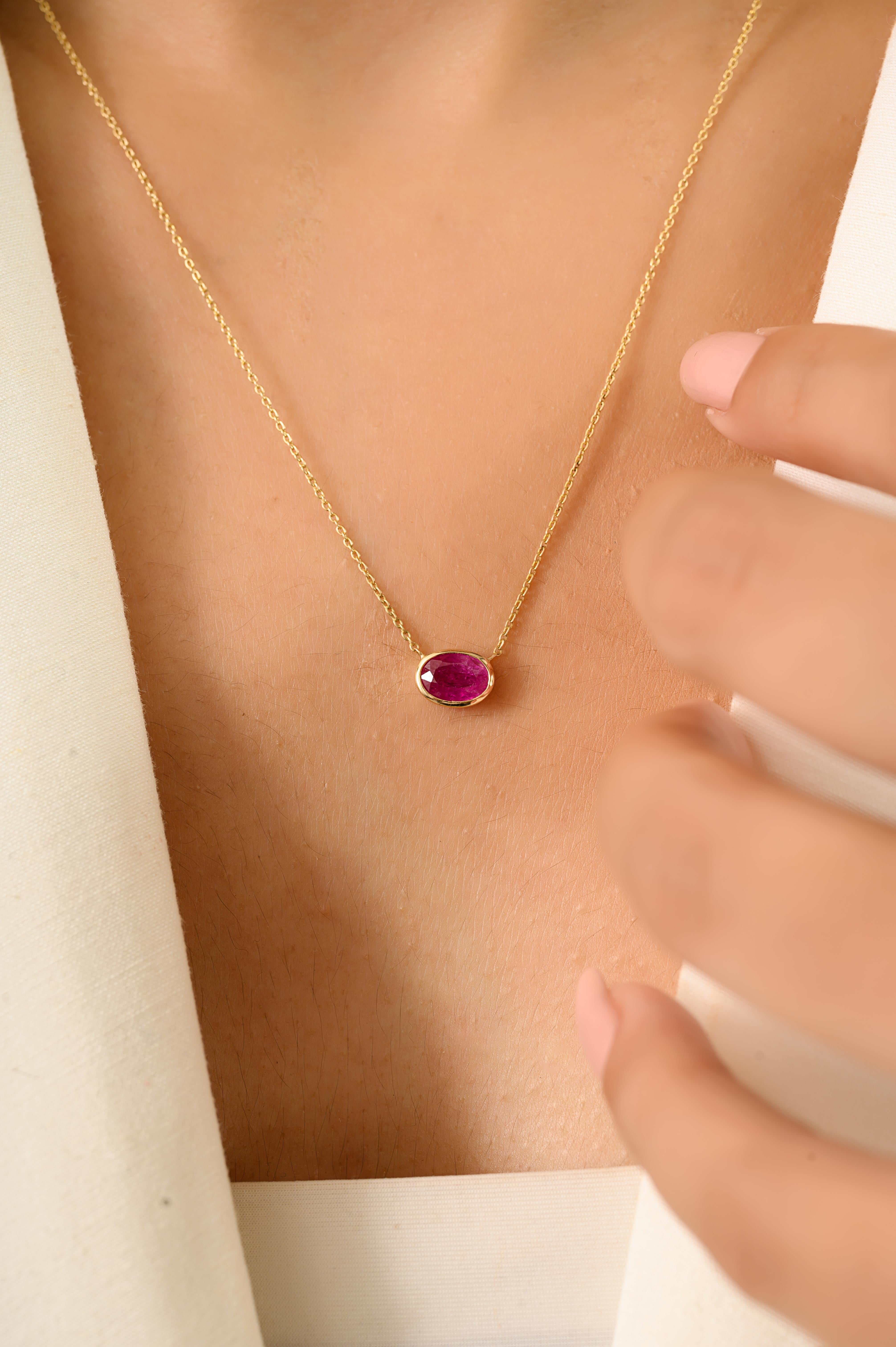 Collana con ciondolo solitario di rubino taglio ovale in oro 14k, pietra di nascita minima di luglio in vendita 5