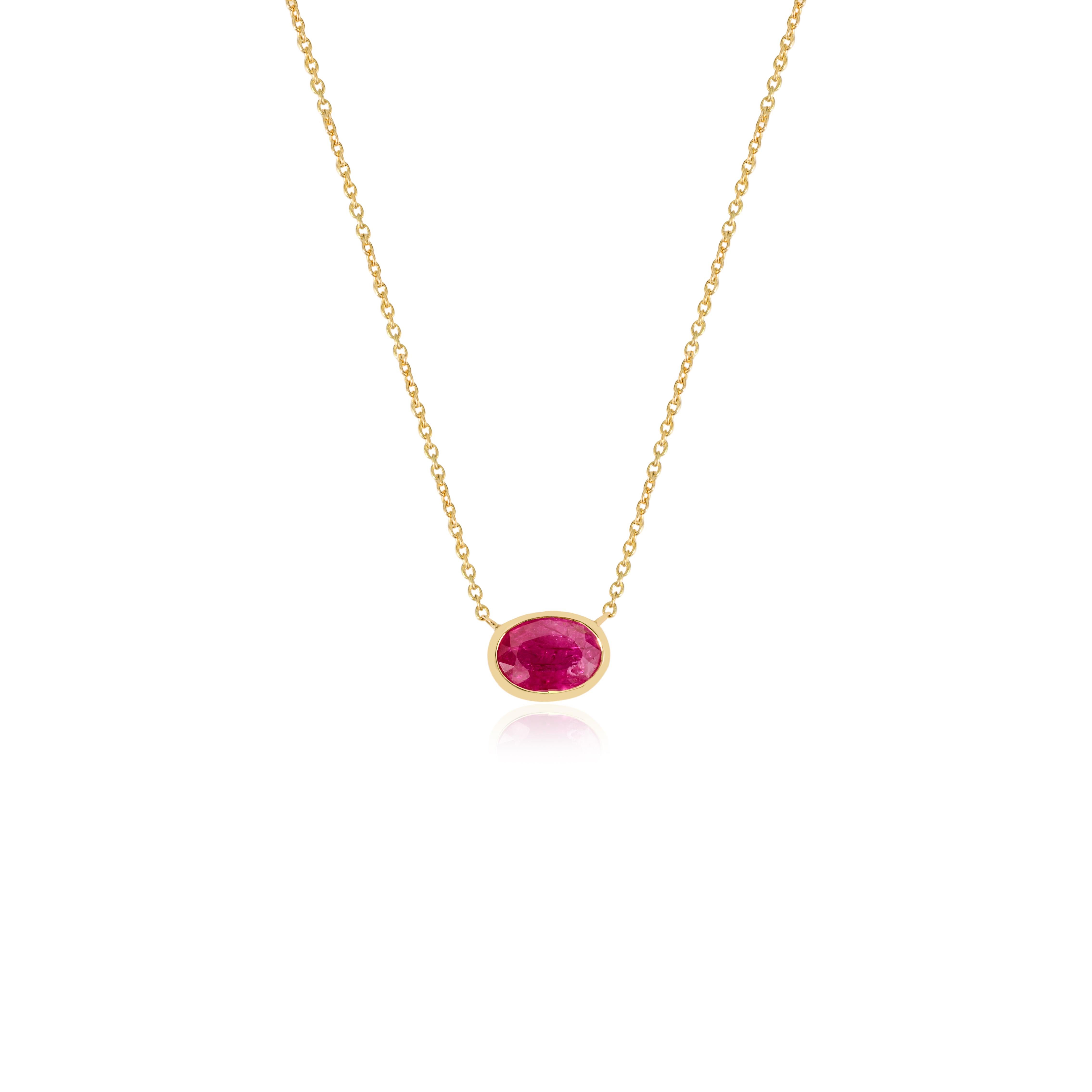 Collana con ciondolo solitario di rubino taglio ovale in oro 14k, pietra di nascita minima di luglio in vendita 1