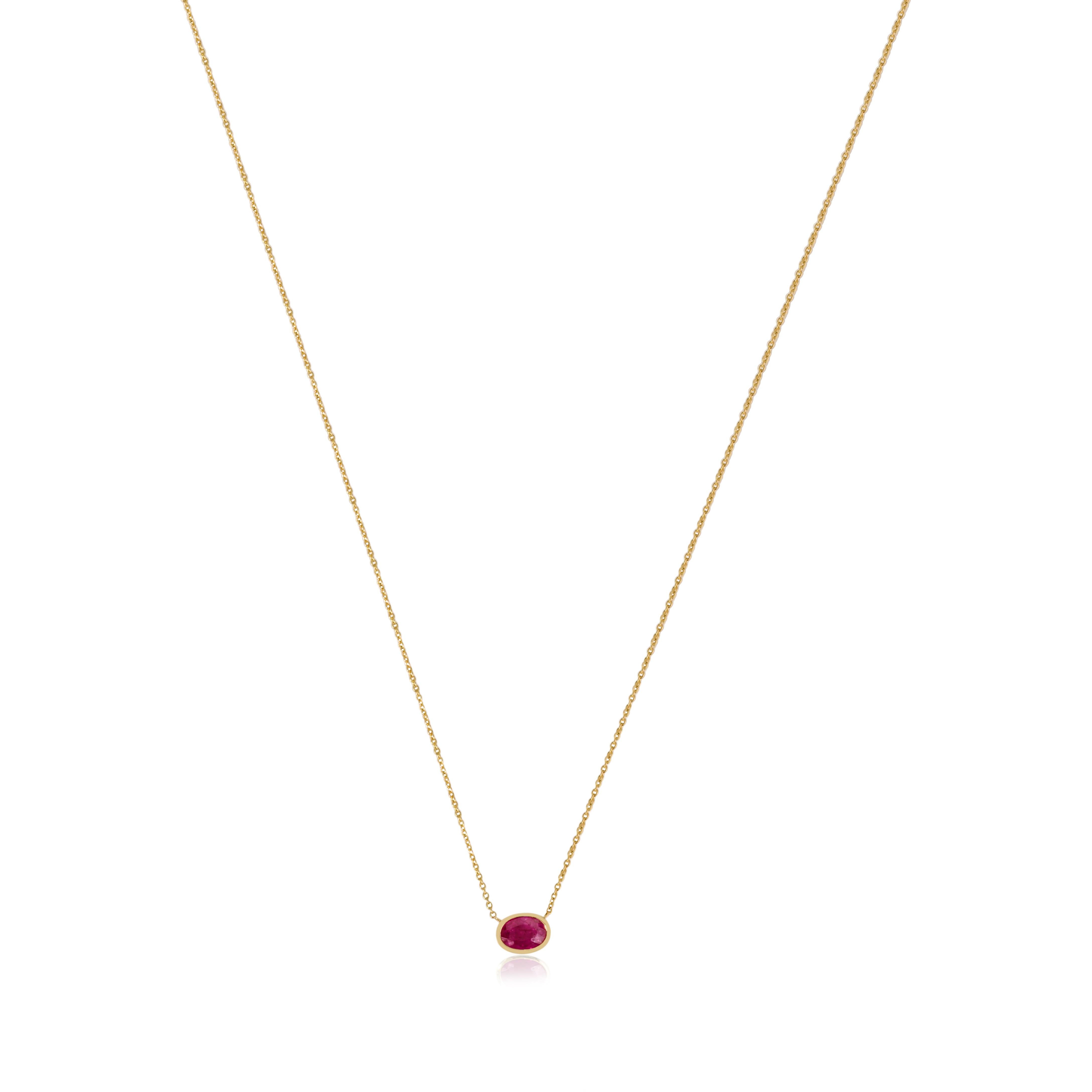 Collana con ciondolo solitario di rubino taglio ovale in oro 14k, pietra di nascita minima di luglio in vendita 3