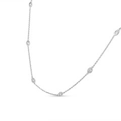 14K Gold 1.00 Carat Bezel Set Round Diamond Milgrain Station Collar Necklace