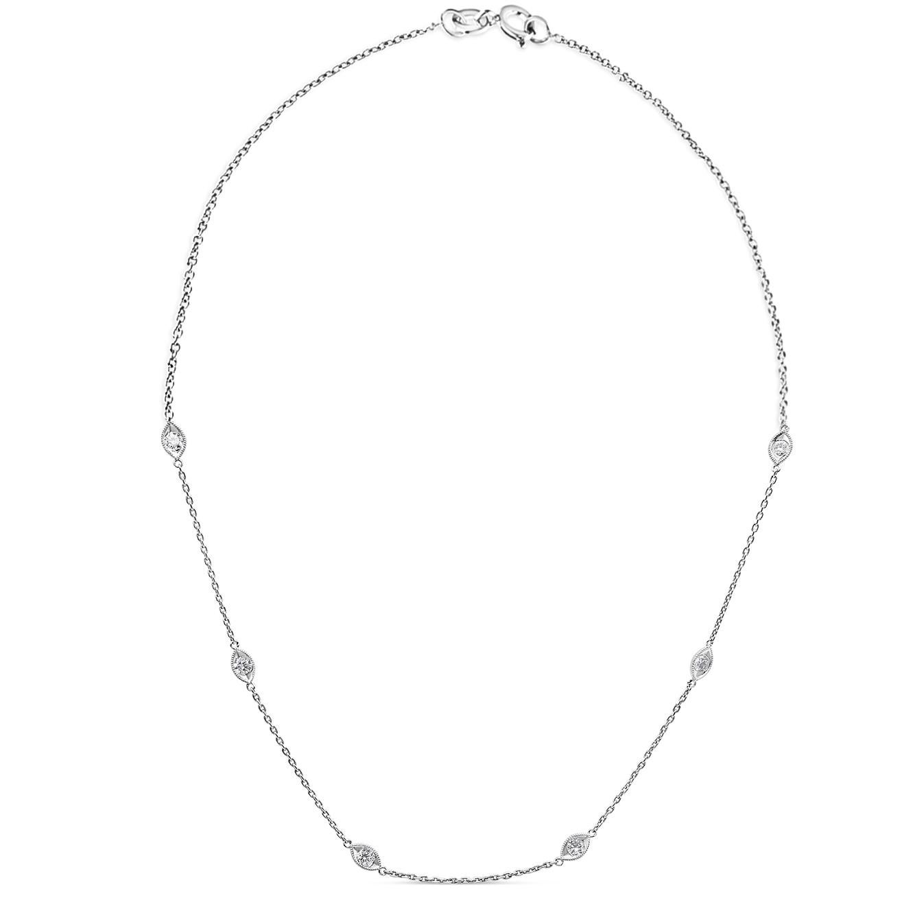 Women's 14K Gold 1.00 Carat Bezel Set Round Diamond Milgrain Station Collar Necklace For Sale