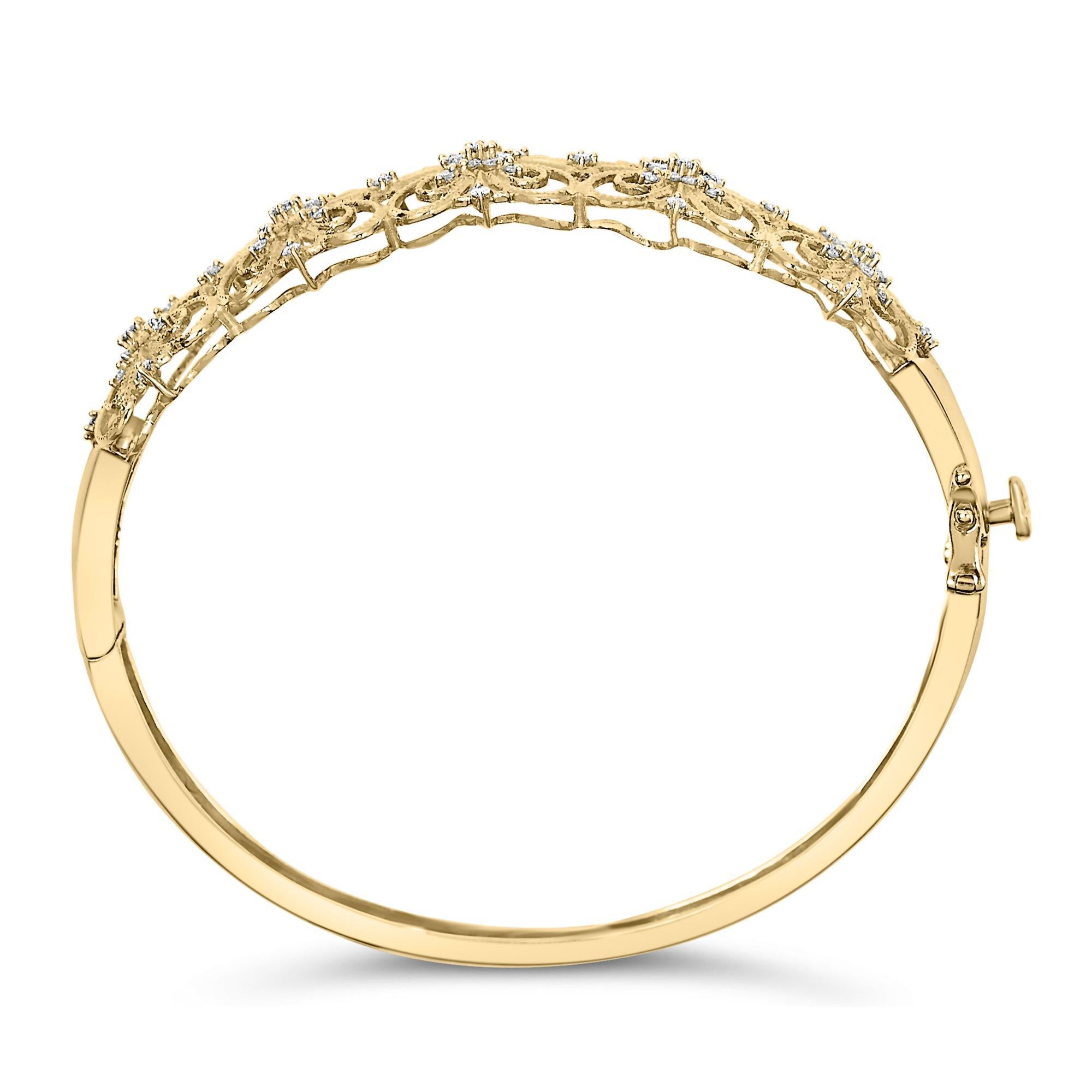 Modern 14K Gold 1.00 Cttw Diamond Vintage Inspired Floral Bangle Bracelet For Sale