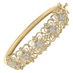 14K Gold 1.00 Cttw Diamond Vintage Inspired Floral Bangle Bracelet