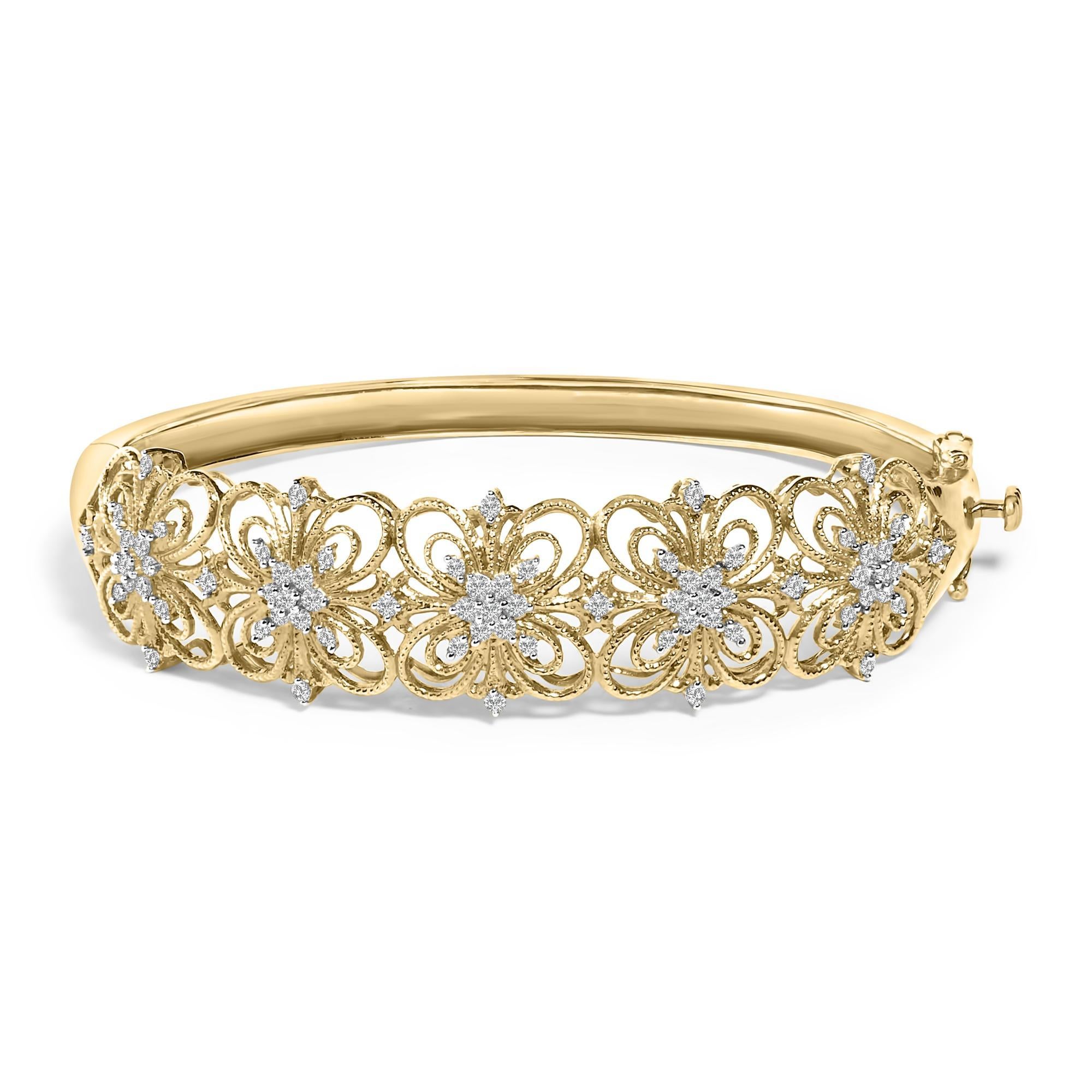 14K Gold 1.00 Cttw Diamond Vintage Inspired Floral Bangle Bracelet