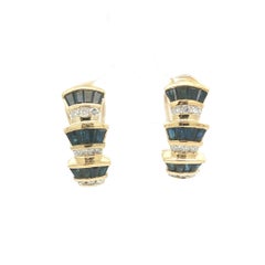 14k Gold 1.07ctw Baguette Sapphire Round Diamond Flared Tiered Cuff Earrings