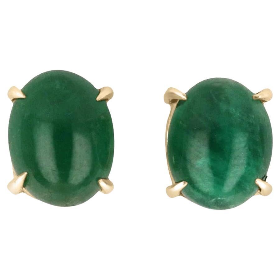 14K Gold 10.90tcw Oval Cut Emerald Cabochon Stud Earrings