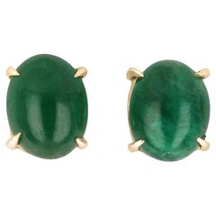 14K Gold 10.90tcw Oval Cut Emerald Cabochon Stud Earrings