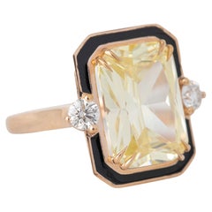 14K Gold 10.98 Ct Fancy Topaz & Diamond Black Enameled Cocktail Ring