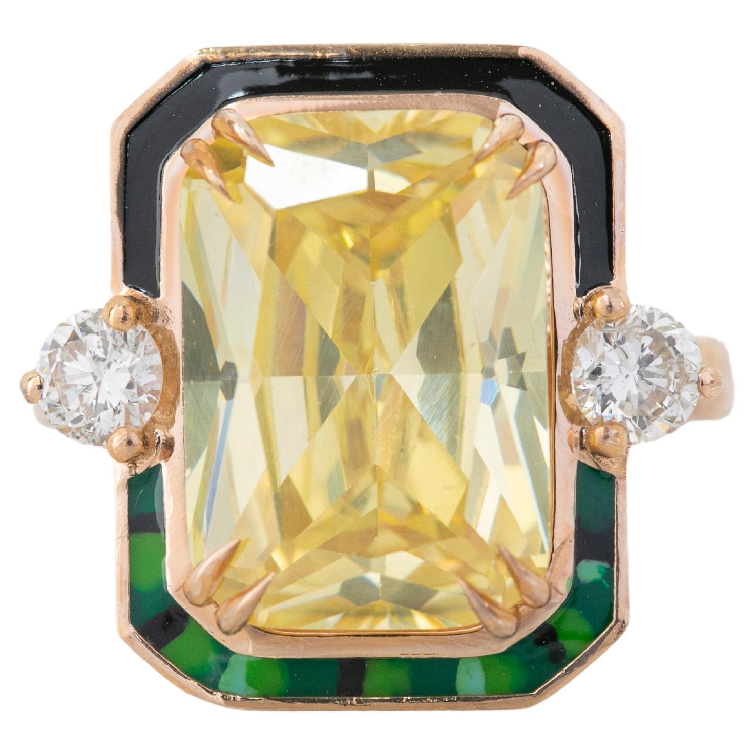 For Sale:  14K Gold 10.98 ct Fancy Topaz & Diamond Green Black Mix Enameled Cocktail Ring 2