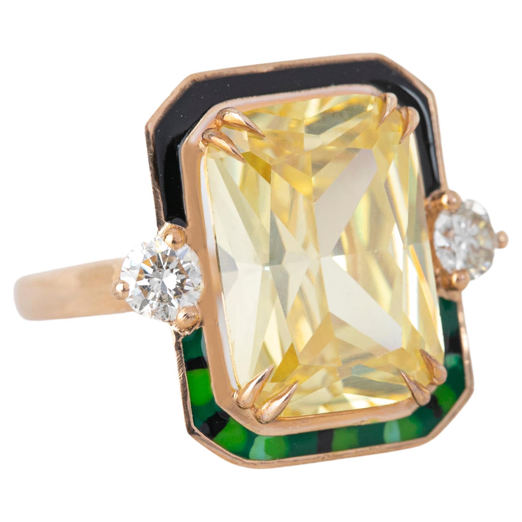 Im Angebot: 14K Gold 10.98 ct Fancy Topas & Diamant Grün Schwarz Mix Emaillierter Cocktail Ring ()