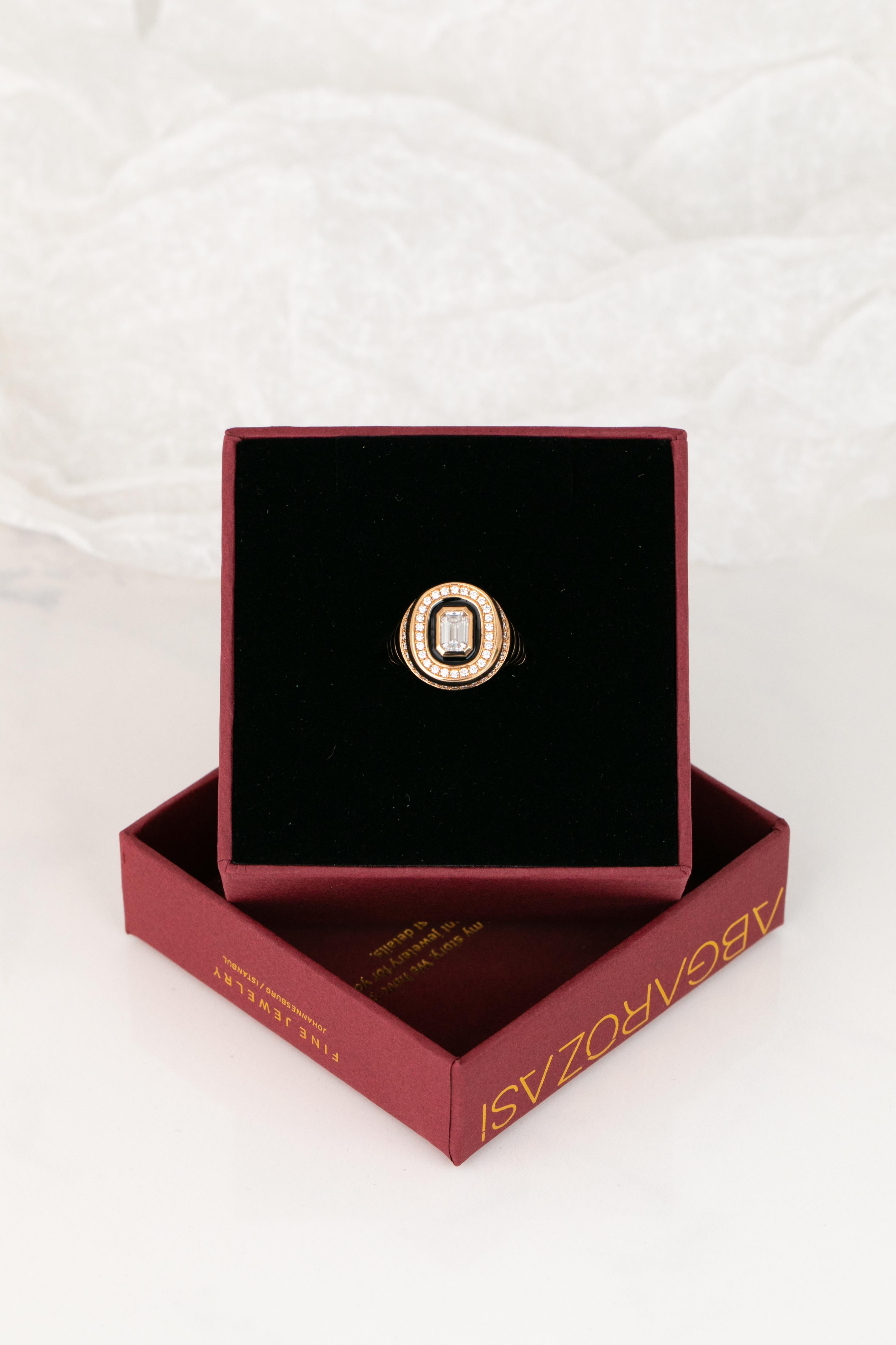 For Sale:  14K Gold 1.10 Ct Moissanite & Diamond Enameled Cocktail Ring, Chevalier Ring 14