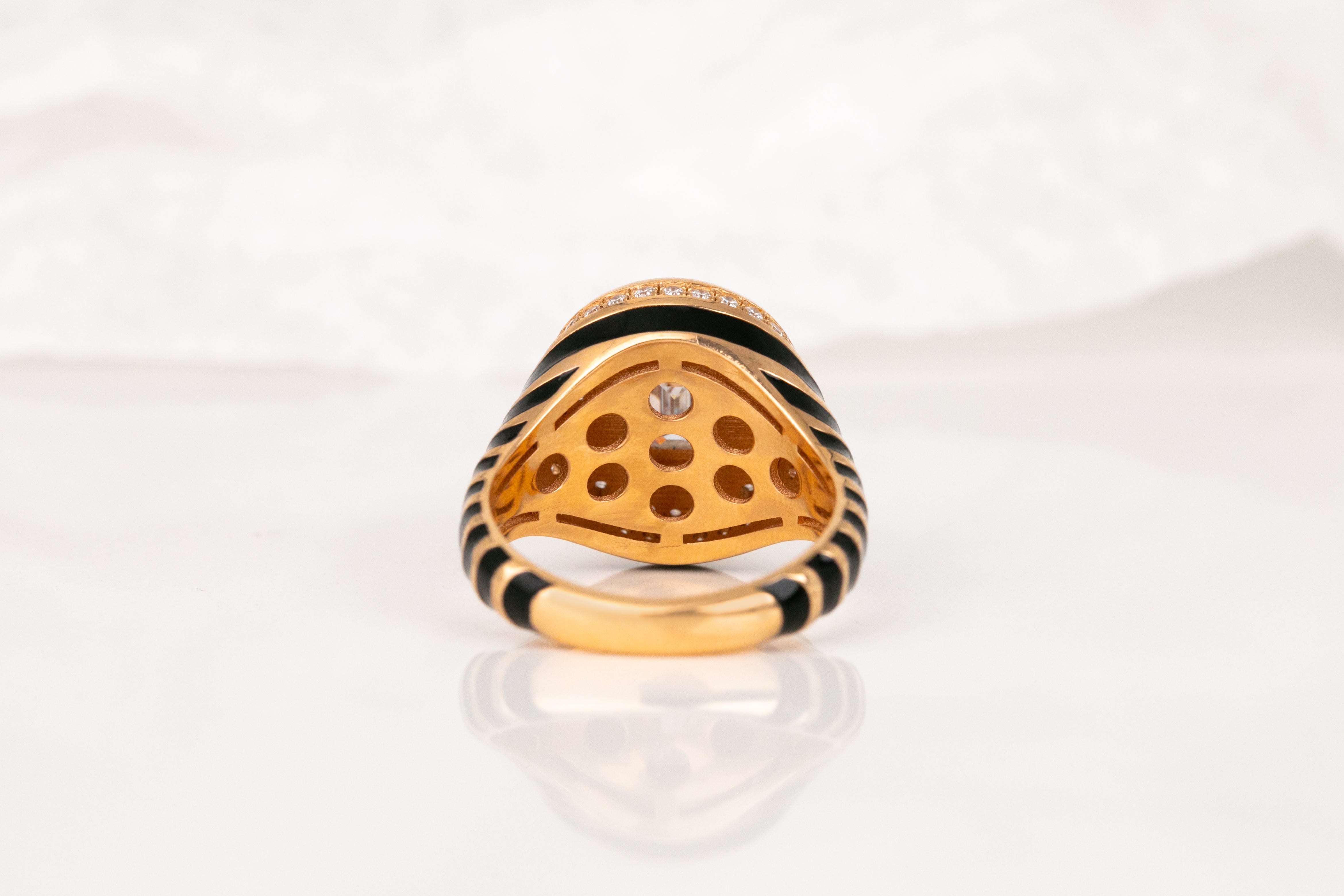 For Sale:  14K Gold 1.10 Ct Moissanite & Diamond Enameled Cocktail Ring, Chevalier Ring 18