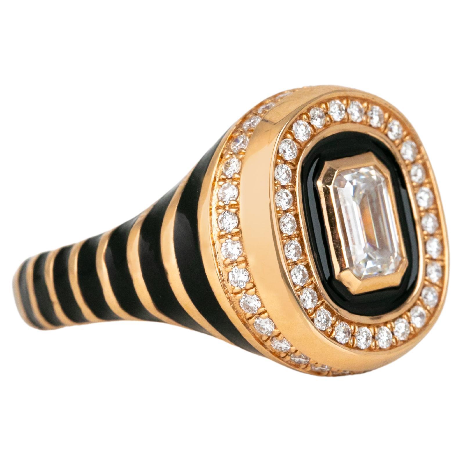 For Sale:  14K Gold 1.10 Ct Moissanite & Diamond Enameled Cocktail Ring, Chevalier Ring 2
