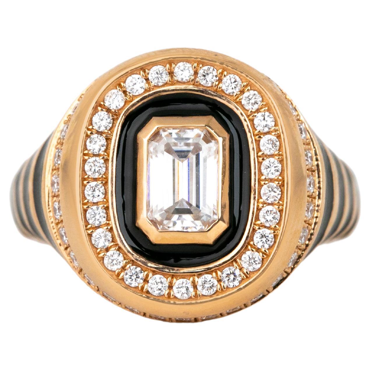 For Sale:  14K Gold 1.10 Ct Moissanite & Diamond Enameled Cocktail Ring, Chevalier Ring