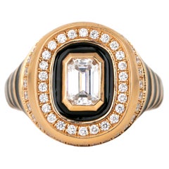 14K Gold 1.10 Ct Moissanite & Diamond Enameled Cocktail Ring, Chevalier Ring