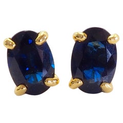 14K Gold 1.10ct Oval Deep Blue Sapphire Fine Stud Earrings