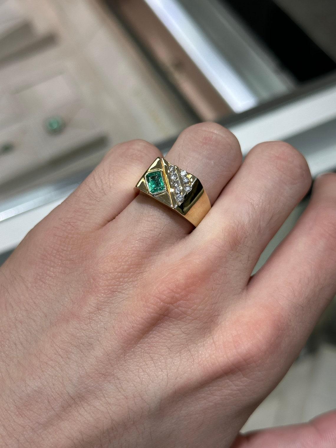 Art Deco 14K Gold 1.15tcw Emerald & Diamond Men's Signet Ring, Bezel Set Green Emerald For Sale
