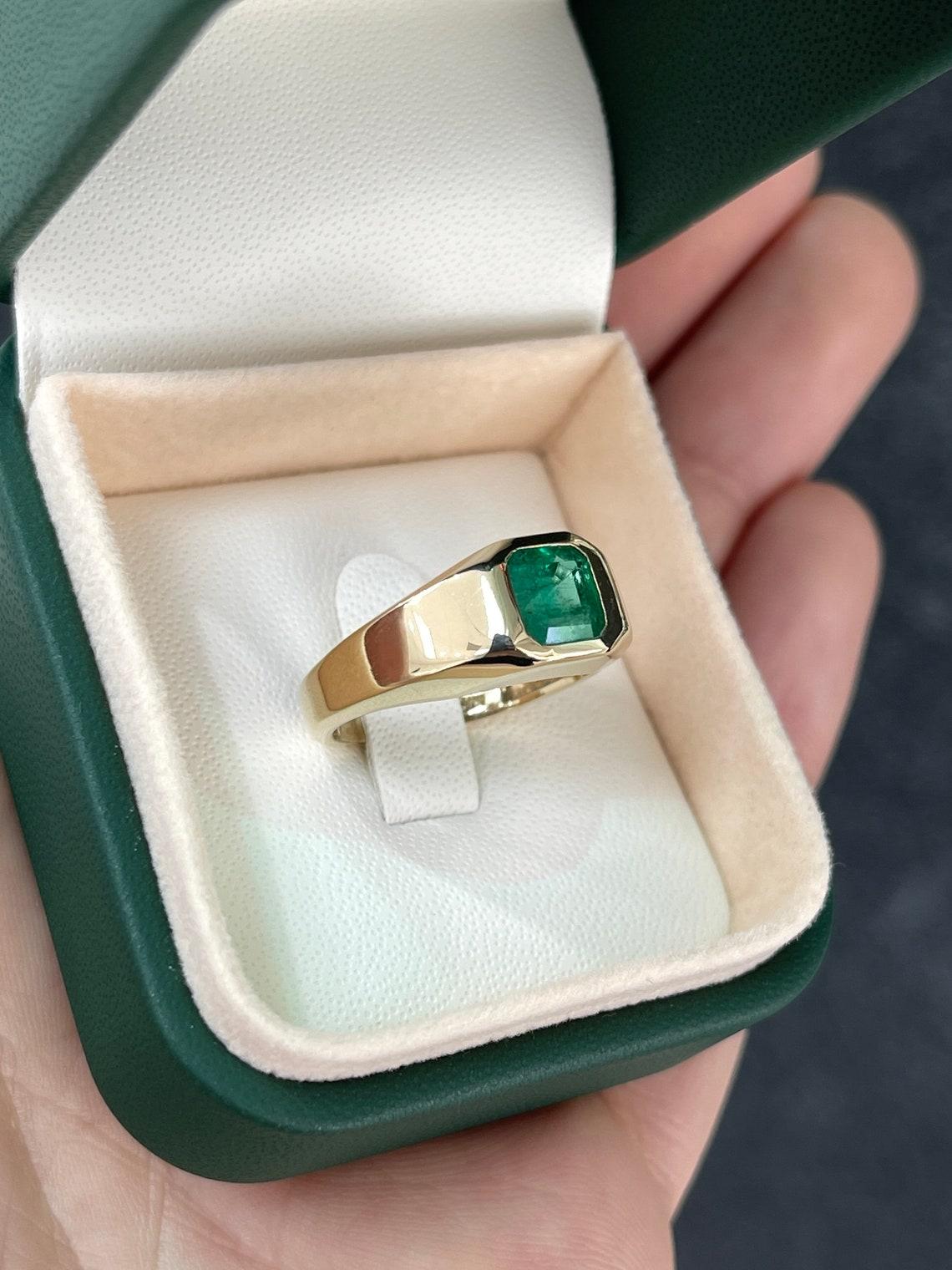 14K Gold 1.17ct Alpine Green Asscher Cut Emerald Men's Bezel Solitaire Ring 6