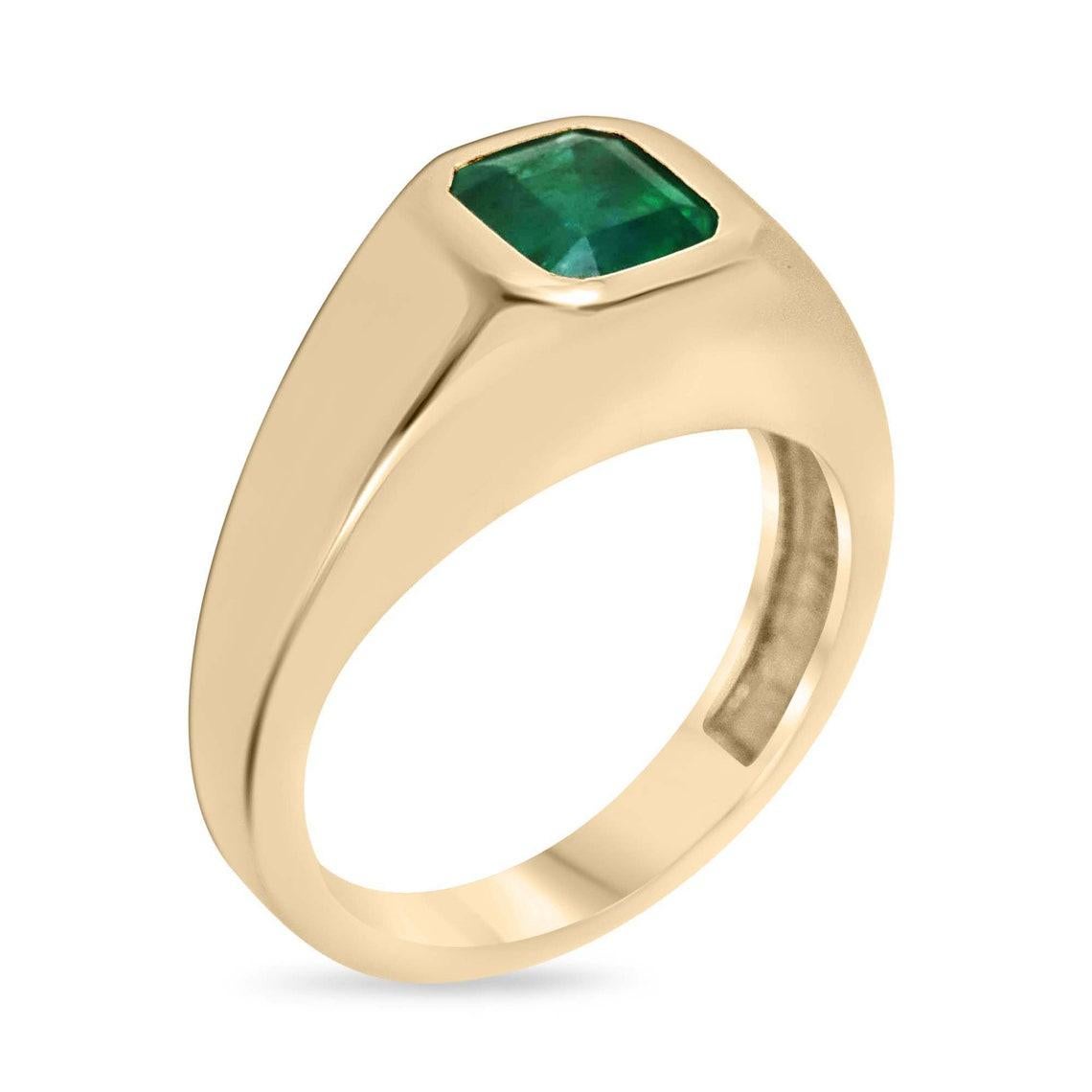 This stunning solitaire ring features a 1.17 carat asscher cut emerald with a deep alpine green color, expertly bezel set in a 14k yellow gold band. The unisex design makes it an excellent choice for men or women looking for a classic and timeless