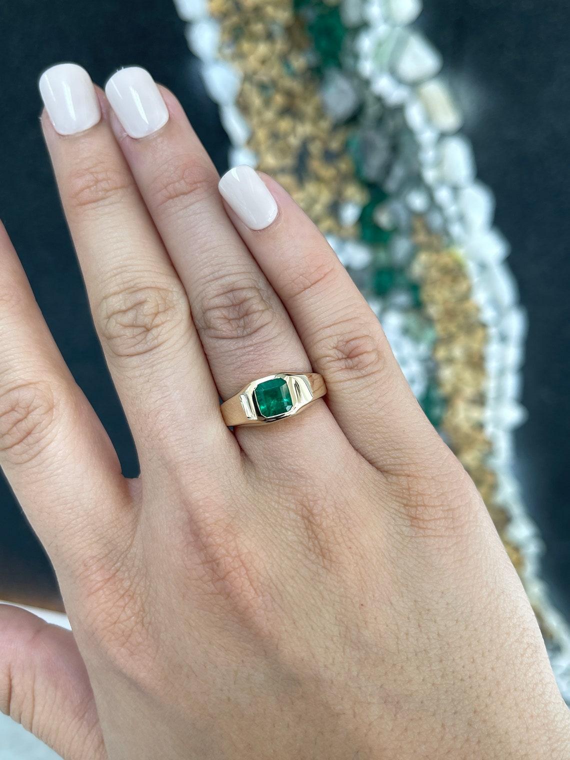Modern 14K Gold 1.17ct Alpine Green Asscher Cut Emerald Men's Bezel Solitaire Ring