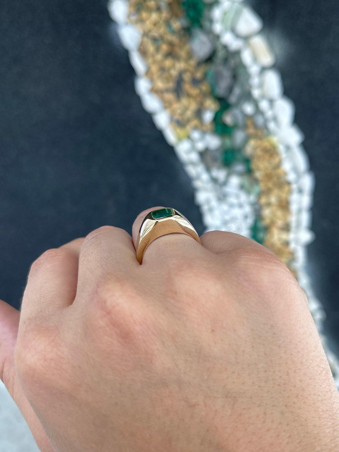 14K Gold 1.17ct Alpine Green Asscher Cut Emerald Men's Bezel Solitaire Ring 1
