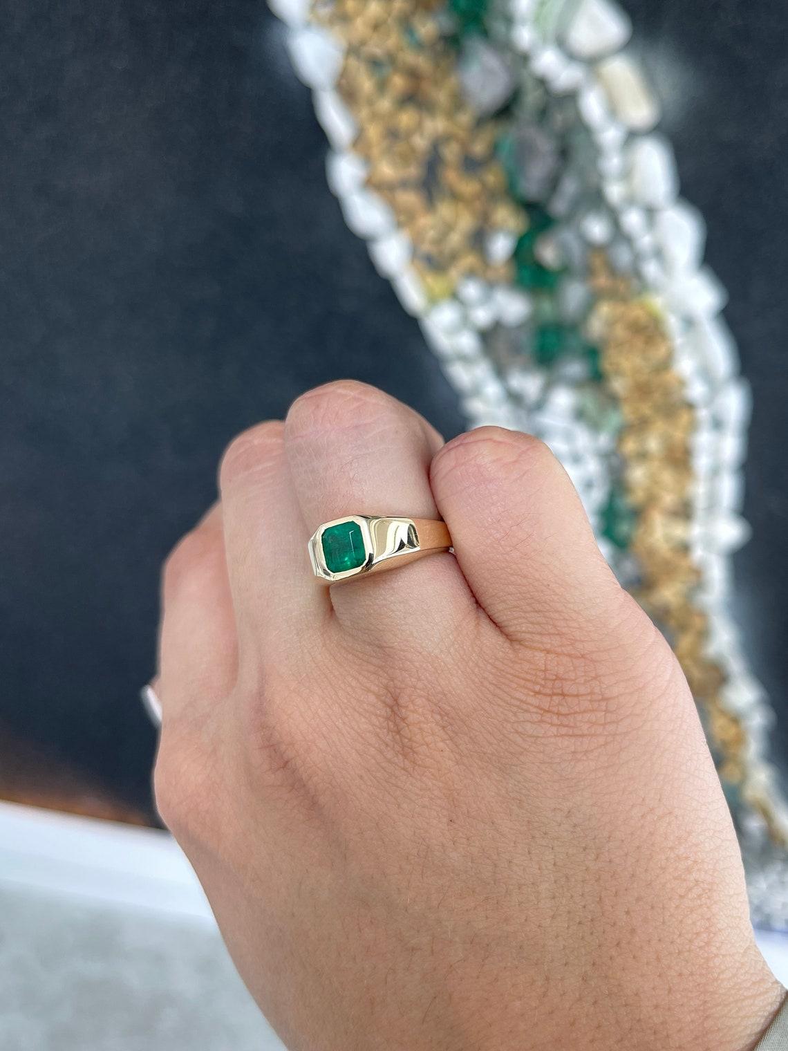 14K Gold 1.17ct Alpine Green Asscher Cut Emerald Men's Bezel Solitaire Ring 2