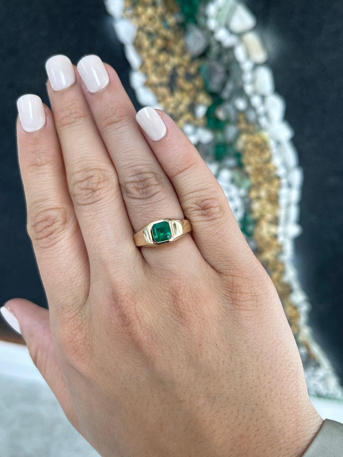 14K Gold 1.17ct Alpine Green Asscher Cut Emerald Men's Bezel Solitaire Ring 3