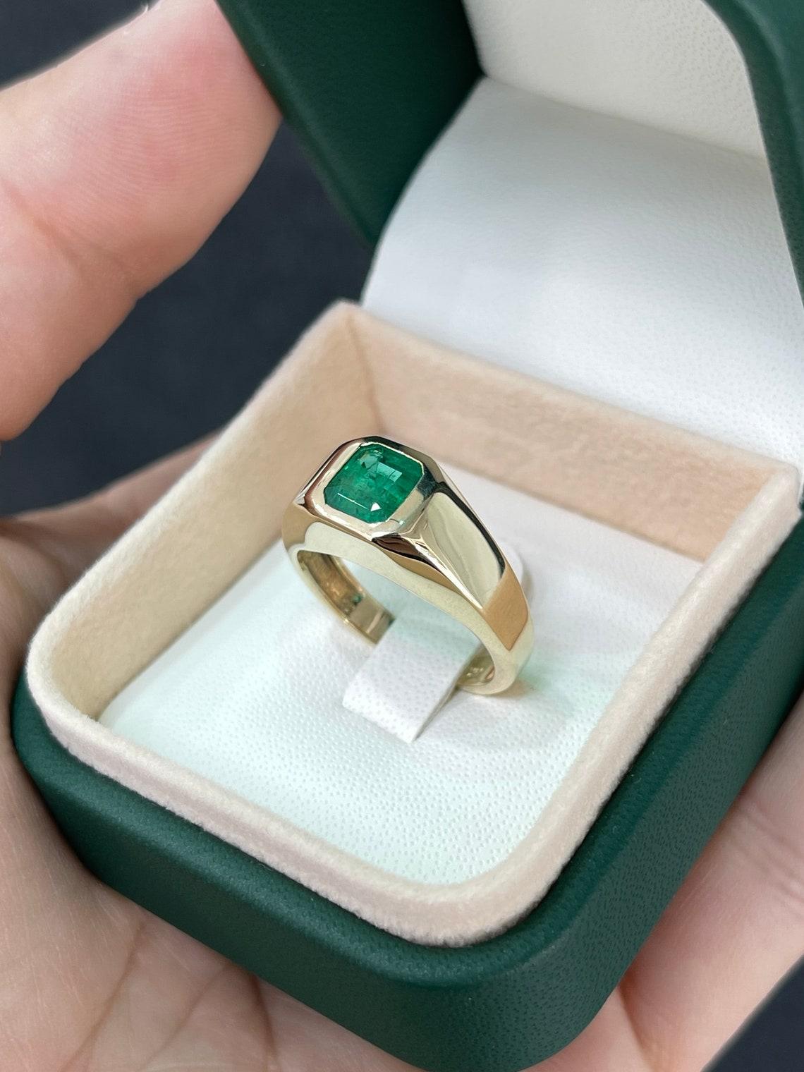 14K Gold 1.17ct Alpine Green Asscher Cut Emerald Men's Bezel Solitaire Ring 4