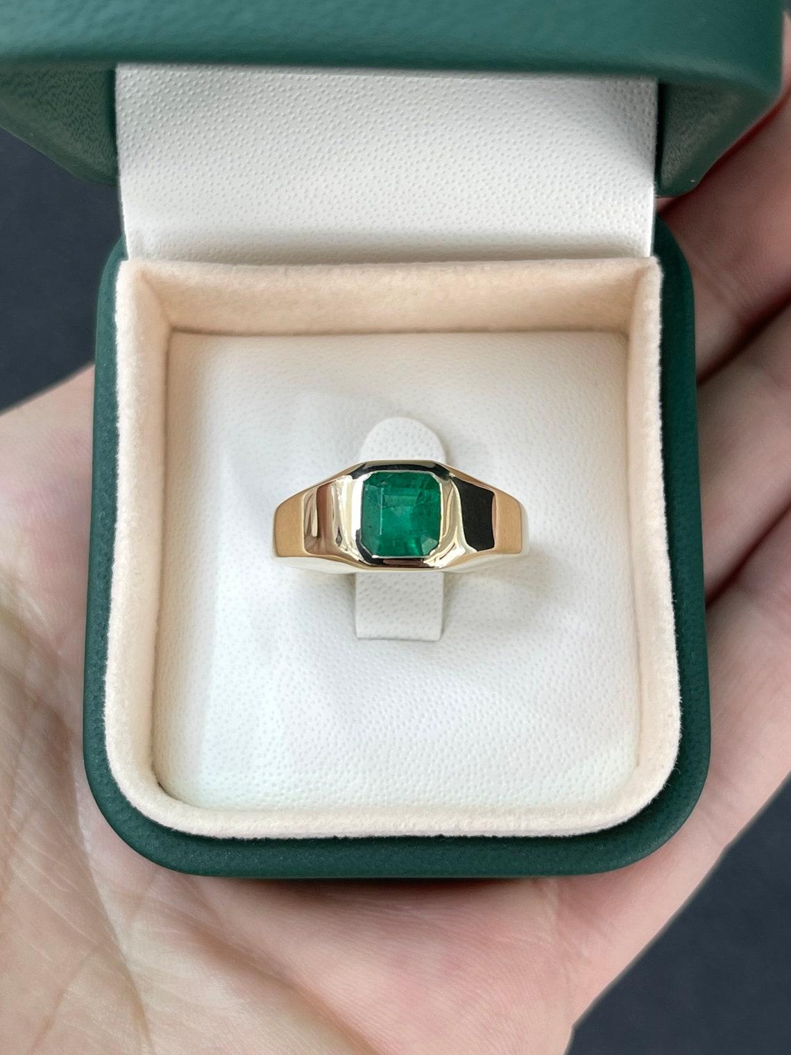 14K Gold 1.17ct Alpine Green Asscher Cut Emerald Men's Bezel Solitaire Ring 5