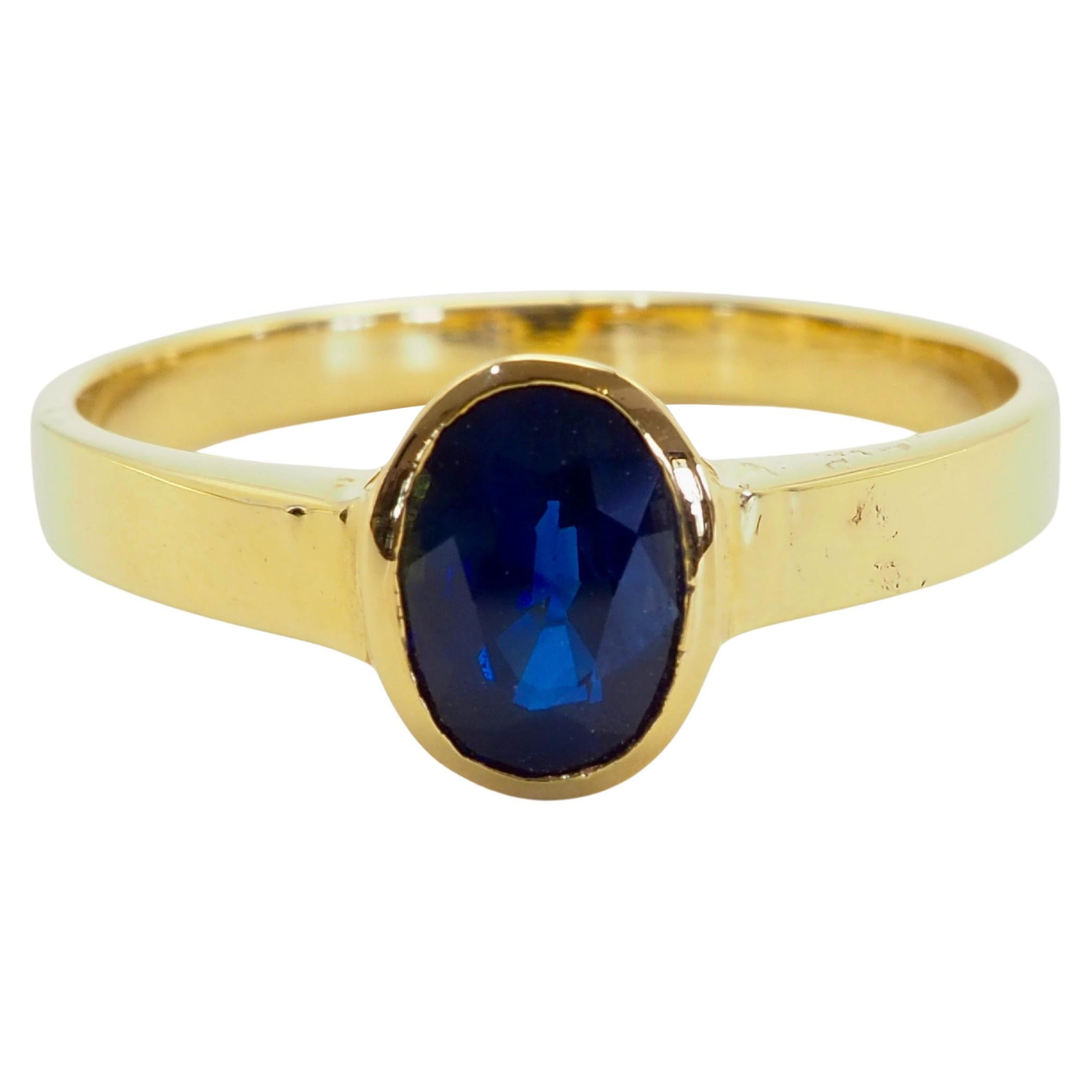 14K Gold 1,20ct Oval Blauer Saphir Lünette Solitär Verlobung, Band Ring, 7,25