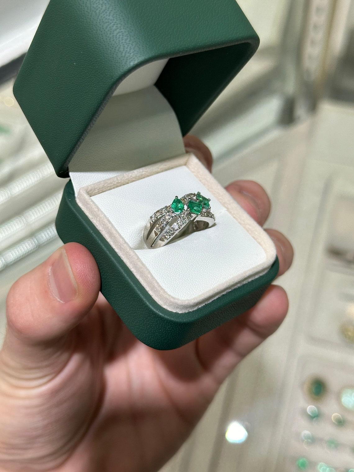 Emerald Cut 14K Gold 1.20tcw Emerald & Diamond Band Ring, Princess & Pear Cut with Pave Diam For Sale
